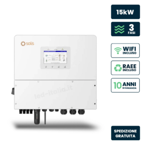 V-TAC Inverter Fotovoltaico Alta Tensione Solis Trifase Ibrido On-Grid/Off-Grid 15kW, Quadruplo MPPT, CEI 0-21, Schermo LCD, Meter e TA Inclusi, Garanzia 10 Anni IP66