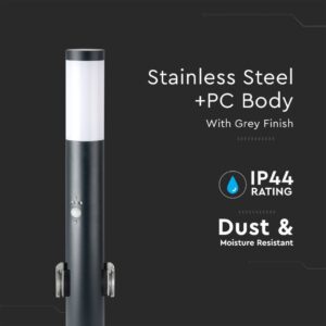 V-TAC Piantana LED da Giardino 60cm con Portalampada E27 e 2 Prese Schuko e Sensore di movimento (max 60W) Colore Grigio IP44