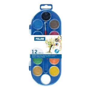 Milan Valigetta da 12 Acquerelli Ø30 mm + Pennello Serie 101 - Miscelabili - Colori Assortiti