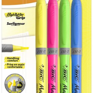Bic Highlighter Grip Confezione da 4 Pennarelli Fluorescenti - Inchiostro a Base Acqua - Punta a Scalpello - Tratto tra 1,60 e 3,30 mm - Colori Assortiti