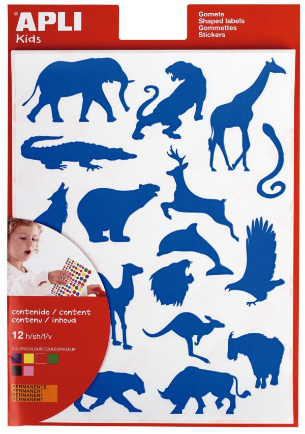 Apli Gomets Animali Selvatici - 204 unità per Confezione - Forme di Elefante, Tigre, Giraffa e Altro - Adesivo a Base Acqua e Materiali Riciclabili al 100%