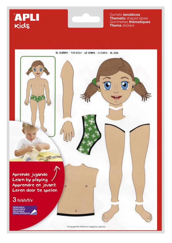Gomet a tema corpo Apli - 156 Gomet - Sviluppati con gli educatori - Aiuta a identificare le parti del corpo - Sviluppa abilità motorie - Adesivo rimovibile - Adesivo a base d'acqua - Senza solventi - Colorato
