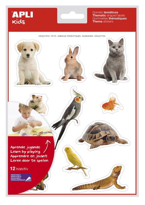 Apli Gomet realistici a tema animali domestici - 132 Gomet in 12 fogli - Adesivo rimovibile - Ideale per sviluppare abilità motorie - Standard EN-71 e FSC - 100% riciclabile - Colorato