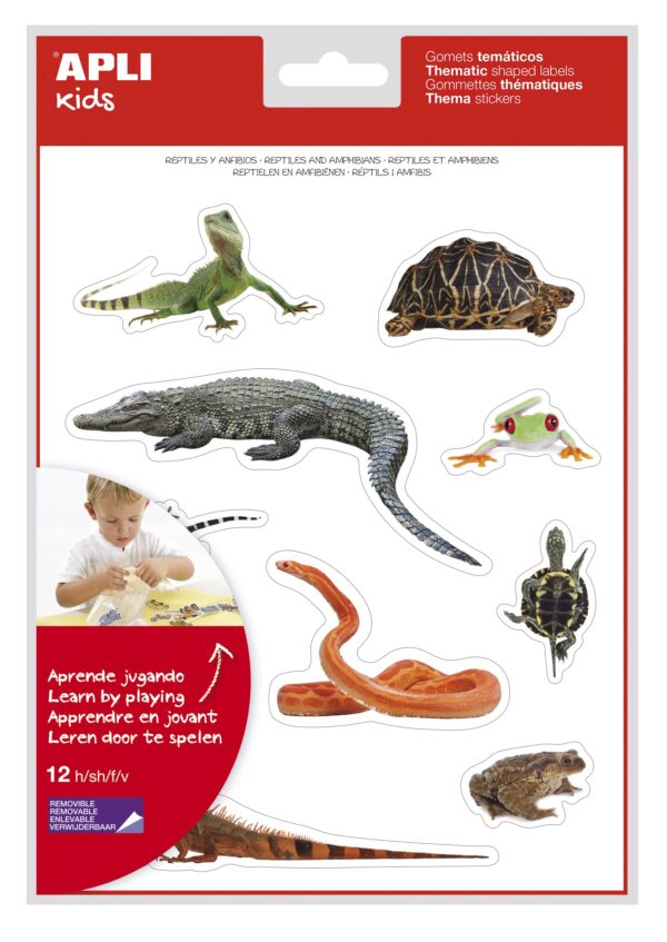 Apli Gomet Realistici a Tema Rettili e Anfibi - 120 Gomet - Immagini Realistiche per Mettere in Relazione gli Animali - Adesivo Removibile - Ideale per le Scuole - Riciclabile - Colorato