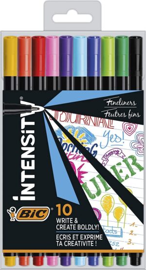 Confezione da 10 pennarelli Bic Intensity Fine - Punta fine da 0,8 mm - Tratto da 0,4 mm - Inchiostro a base acqua - Colori assortiti