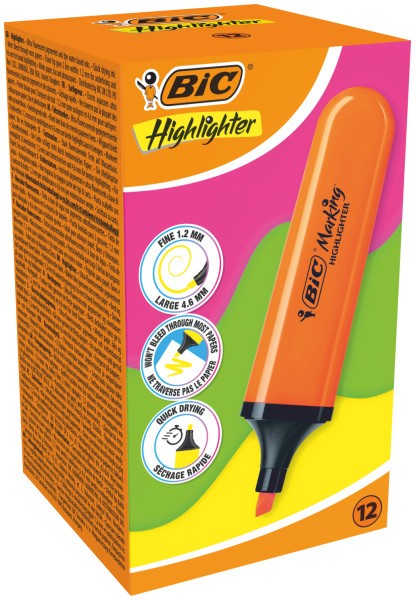 Pennarello Piatto Fluorescente Bic Marking Evidenziatore - Punta a Scalpello - Tratto tra 1,70 e 4,80 mm - Inchiostro a Base Acqua - Colore Arancione