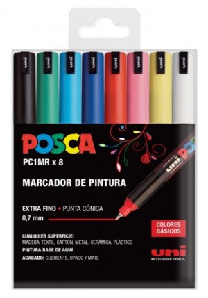 Posca PC1MR Confezione da 8 pennarelli a vernice - Punta a rullo in fibra da 0,7 mm - Inchiostro pigmentato a base d'acqua - Resistente alla luce - Colori assortiti
