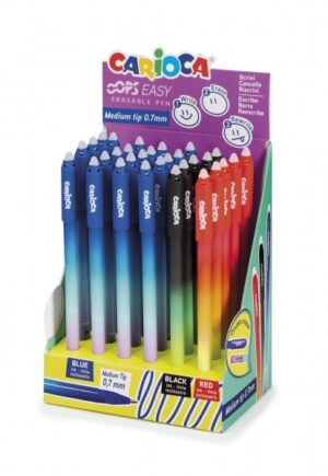 Espositore Carioca Oops Easy da 30 penne cancellabili - Inchiostro termosensibile - Corpo con effetto sfumato - Punta da 0,7 mm - Doppia gomma - Vari colori