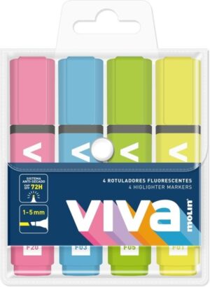Molin Viva Confezione da 4 pennarelli fluorescenti - Tratto da 1 a 5 mm - Inchiostro a base d'acqua - Colori assortiti