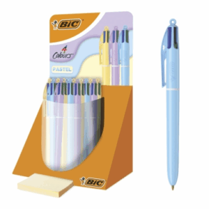 Espositore Bic 4 Colours Pastel con 30 penne a sfera a scatto - Punta media da 1,0 mm - Inchiostro a base di olio - Corpo pastello - 4 colori