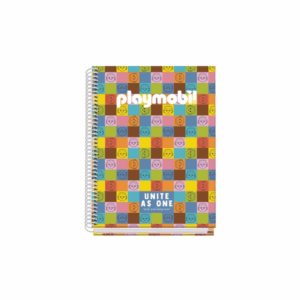Quaderno a spirale Dohe Playmobil Unite As One A5, 100 fogli, griglia da 5 mm, copertina rigida, stampa a colori e laminato lucido, fasce colorate