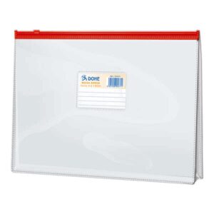 Borsa Folio Dohe in PVC trasparente con cerniera orizzontale da 150 micron - Apertura superiore - Chiusura ermetica con cerniera in rosso