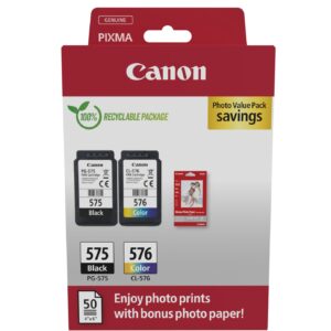 ORIGINALE Canon Value Pack nero / differenti colori / Bianco PG-575+CL-576 + 10x15 cm Fotopapier 50 Blatt 200 pagine