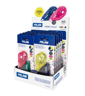 Espositore Milan Pocket Acid di 24 nastri correttivi in ??blister da 2 unità. 4,2 mm x 5 m - Correzione a secco - Veloce, pulita e precisa - Per tutti i tipi di carta - Colori assortiti