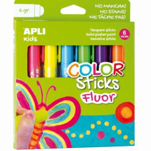 Apli Color Sticks Tempera Solida Fluorescente - Confezione da 6 Unità da 6g - Finitura Satinata senza Bisogno di Vernice - Asciugatura Rapida in Meno di 3 Minuti - Effetto Cera o Tempera a Seconda della Pressione