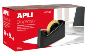 Portarotolo di nastro adesivo Apli Trade per 33 e 66 metri - Lama seghettata - Base in gomma antiscivolo - Nero